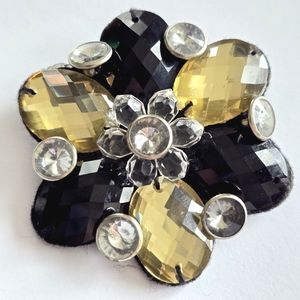 Sparkly brooch flower floral yellow black clear silver tone rhinestones